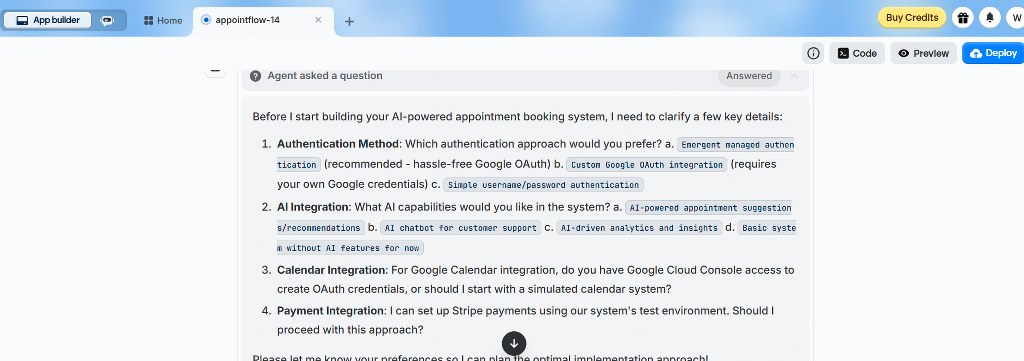 AI app builder asking for authentication, AI, calendar, and payment integration preferences