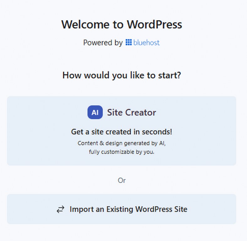 Bluehost AI Website Builder Welcome Screen