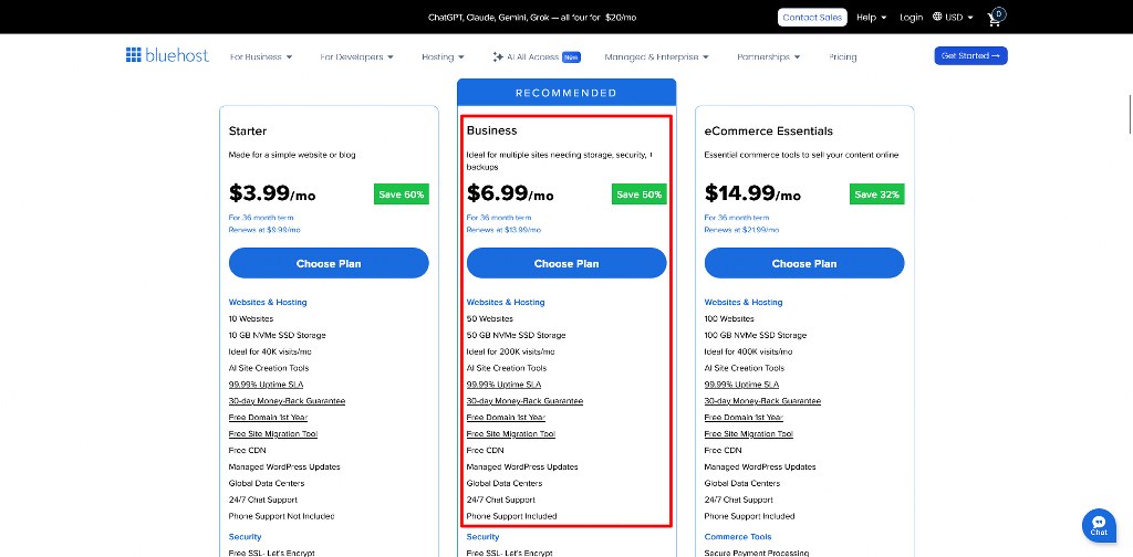 Bluehost Business Shared Hosting Plan Recommended for Multi-Site Hosting and Growth