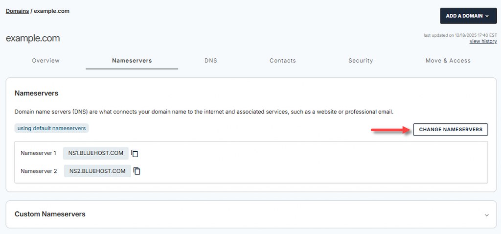 Bluehost Change Nameservers Settings