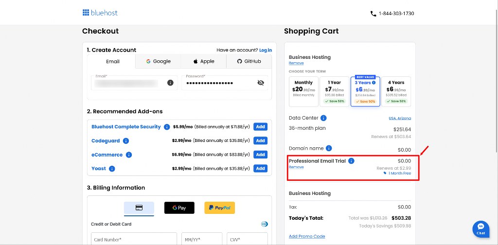 Bluehost Checkout Shopping Cart Displaying Professional Email Trial Add-On and Hosting Purchase Summary