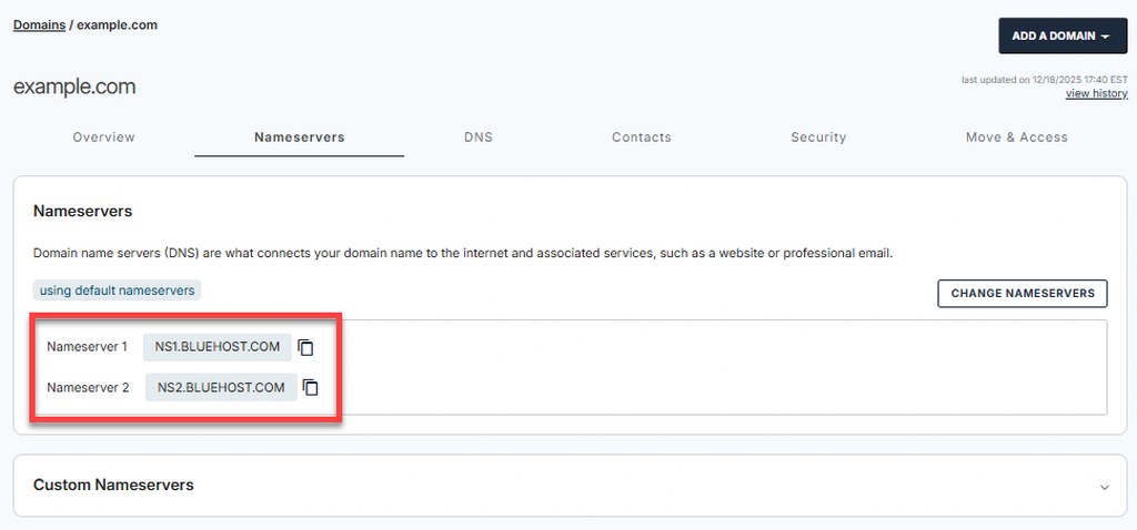Bluehost Default Nameserver Configuration