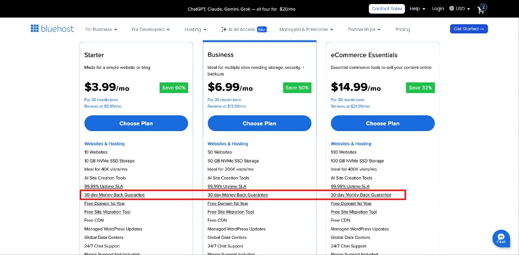 Bluehost Shared Hosting Plans Highlighting 30-Day Money-Back Guarantee Across All Tiers