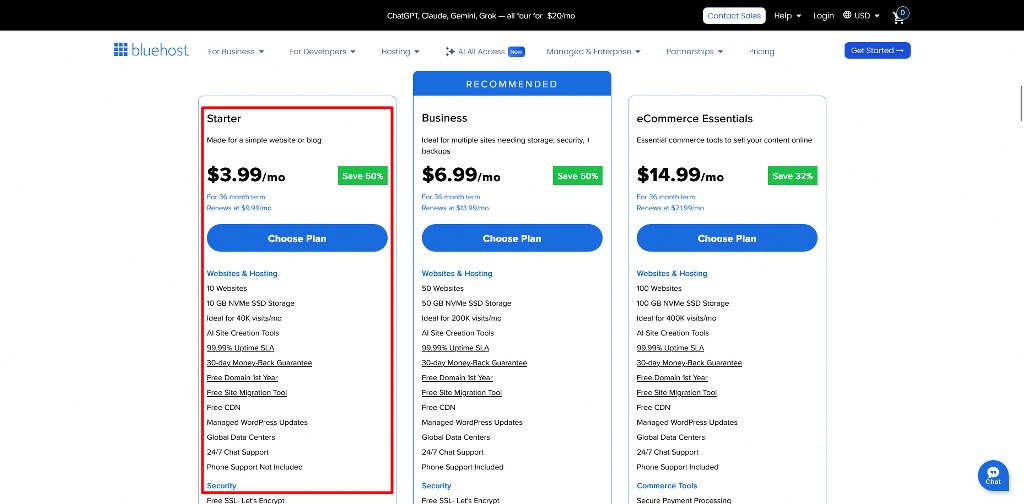 Bluehost Starter Shared Hosting Plan Featuring Entry-Level Website and Blog Hosting Package