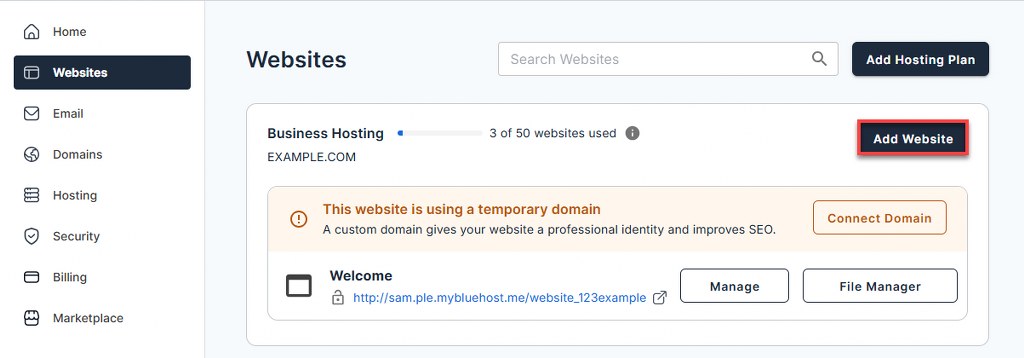 Bluehost Website Creation Dashboard