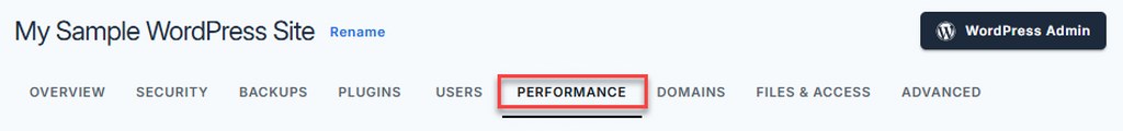 Bluehost WordPress management dashboard with the Performance section selected