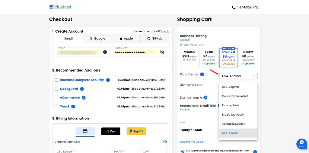 Bluehost checkout page displaying available data center location options