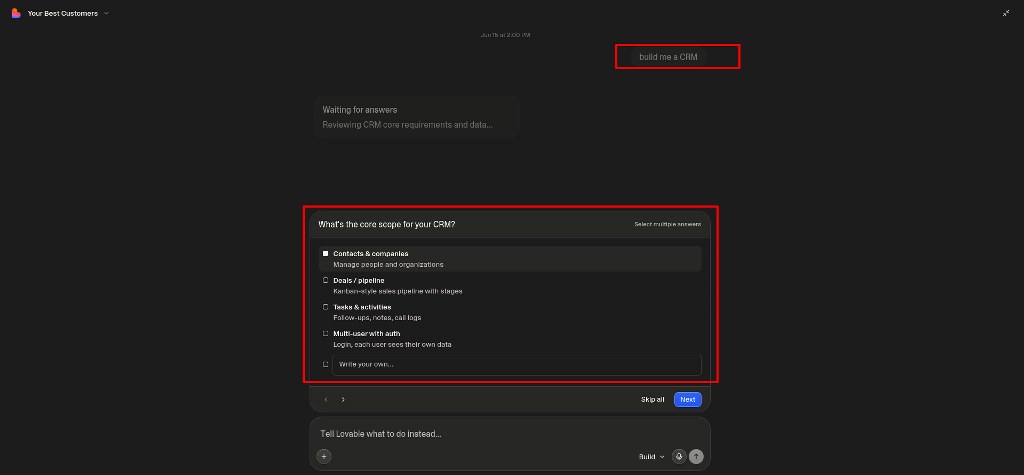 CRM app builder questionnaire showing feature selection options for a new CRM project.