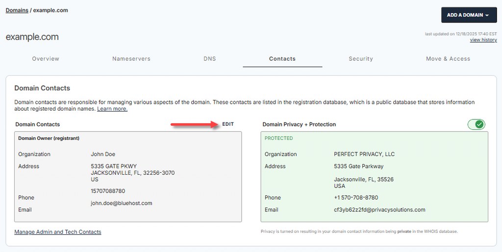 Click Edit and update any outdated registrant, admin, or technical contact details.