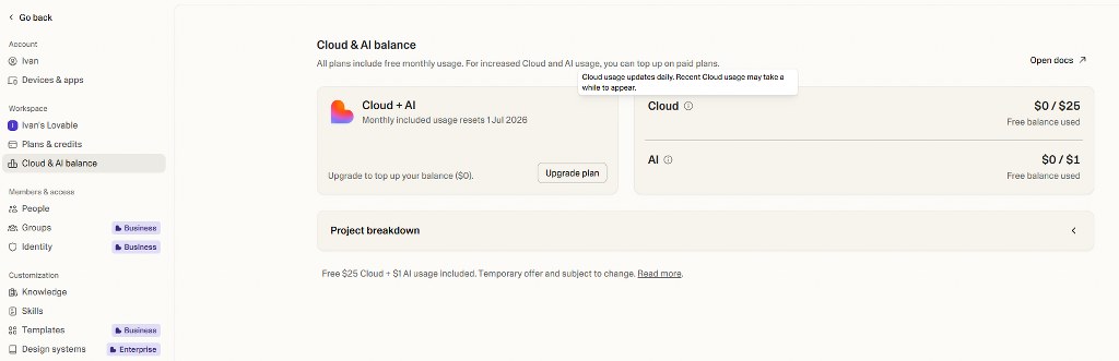 Cloud usage stats on Lovable.