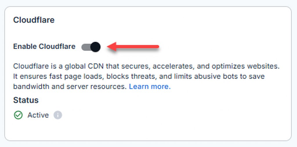 Cloudflare settings card showing the Enable Cloudflare toggle option