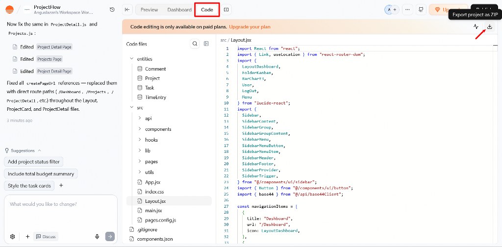 Code editor screen with the export project ZIP download icon highlighted