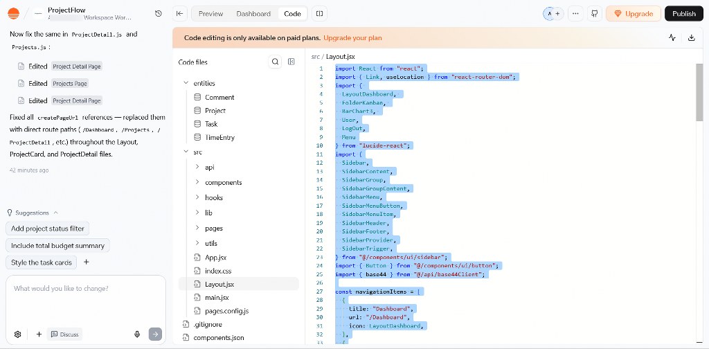 Code editor view with project source code selected for copying or export