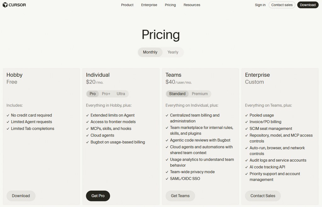 Cursor Pro pricing page.