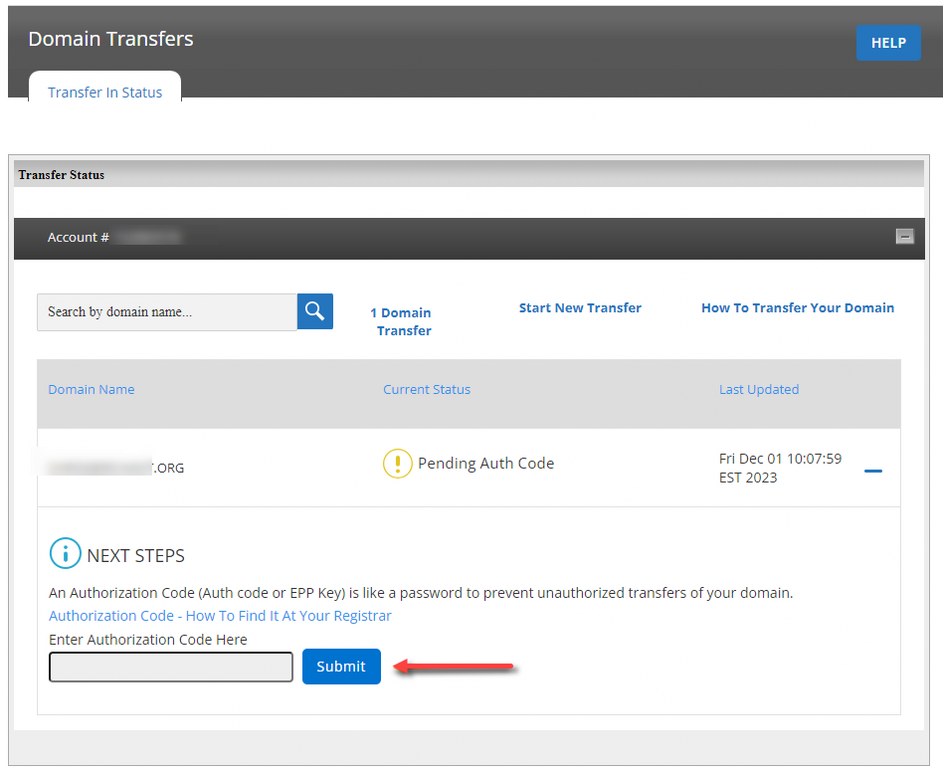 Enter the Auth Code (EPP Key) from your current registrar and click Submit to continue the transfer process.