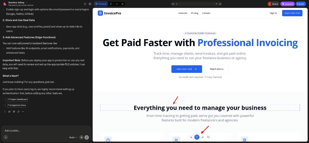 Generated business application preview with editable page sections highlighted.