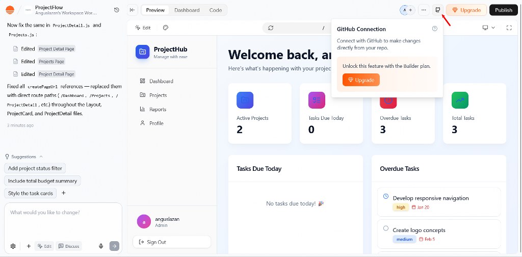 GitHub connection menu opened from the integration icon in the project preview
