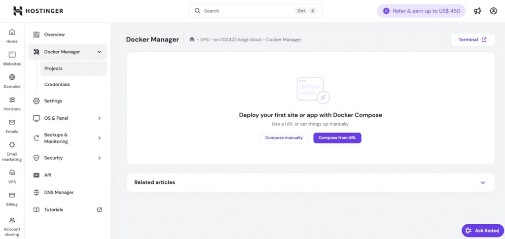 Hostinger Docker Manager Dashboard for Deploying Docker Compose Applications