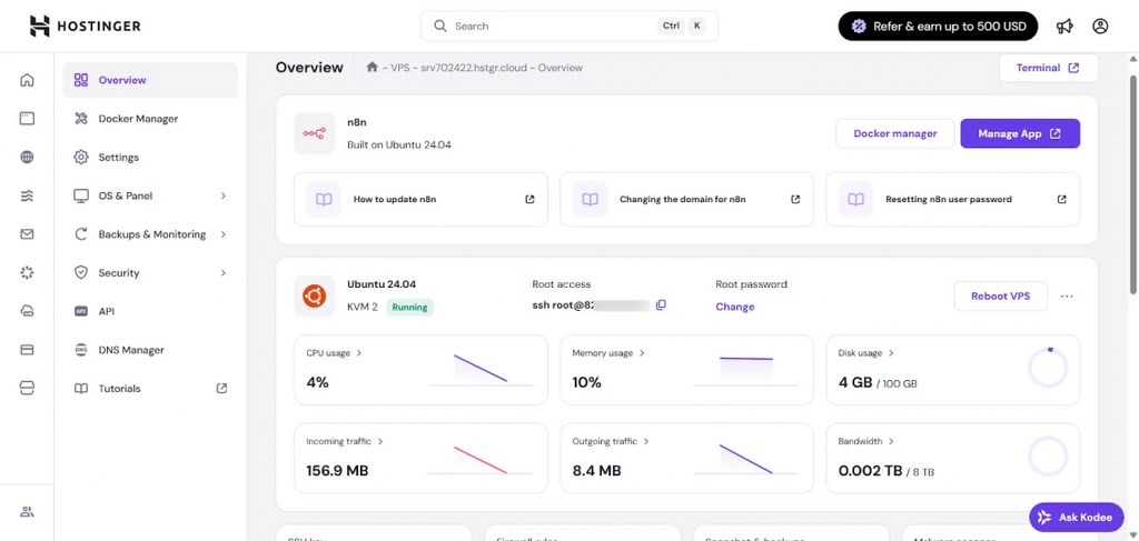 Hostinger VPS Dashboard Displaying n8n Application Management and Server Performance Metrics