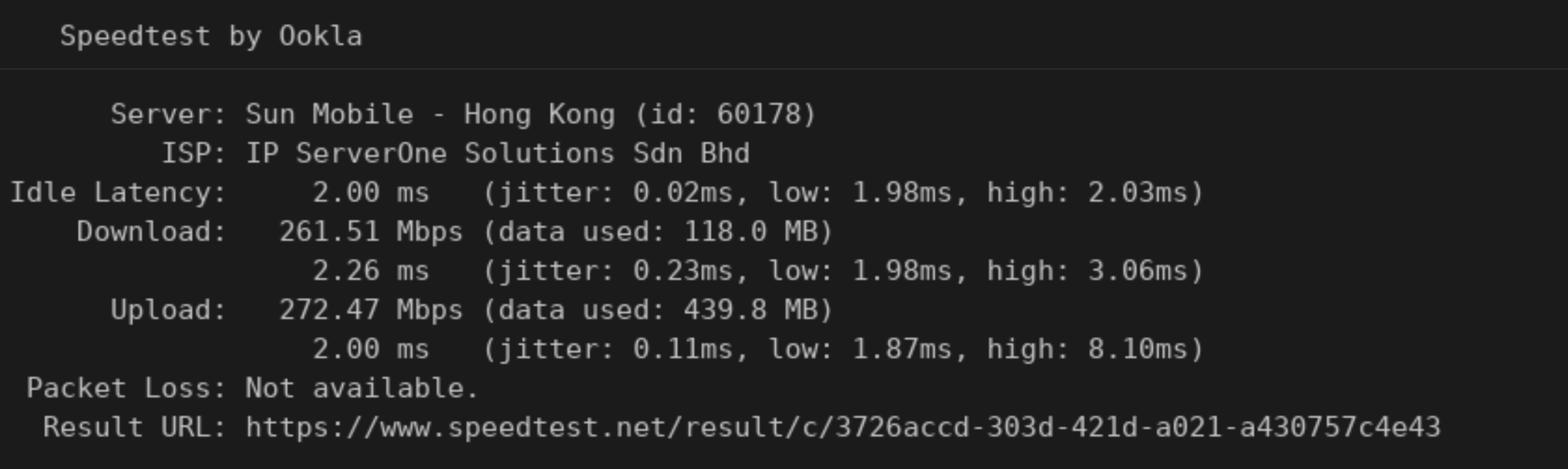 screenshot of IPServer One Hong Kong Network Speed test