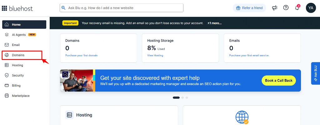 In Bluehost, go to Domains from the left sidebar menu.