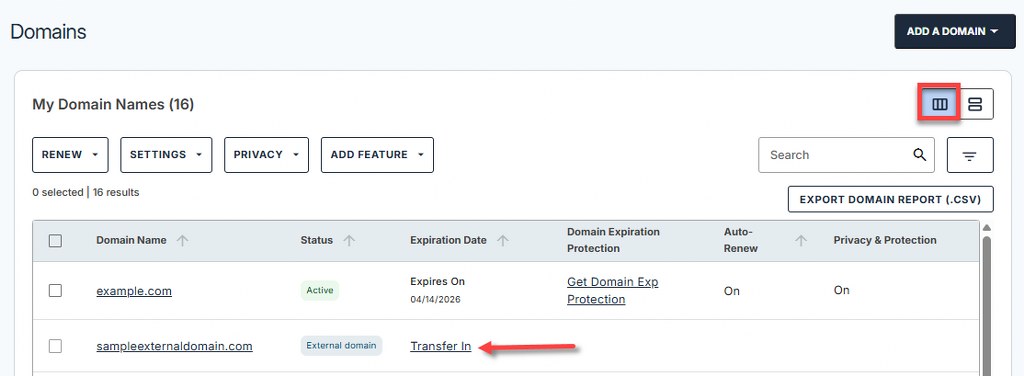 Locate your external domain and select Transfer In.