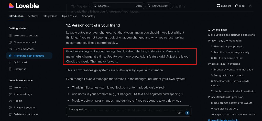 Lovable documentation page explaining version control and iterative development best practices.