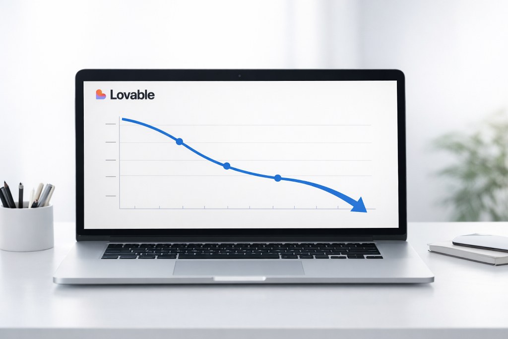 Lovable logo on laptop displaying a minimalist line graph showing a steady cost decline.