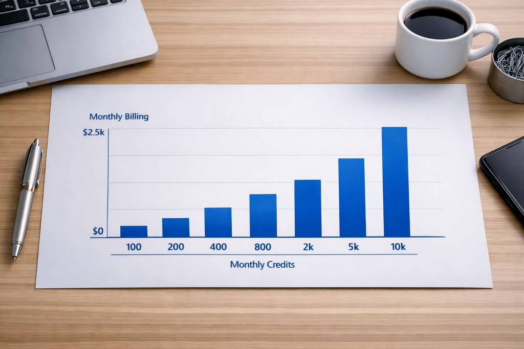 Office desk shows monthly billing chart with rising blue credit bars.
