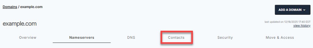 Open the Contacts tab to verify that your domain ownership and contact details are correct.