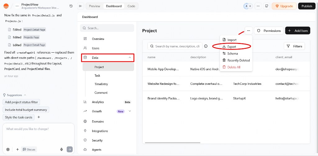 Project data menu showing the Export option for downloading records