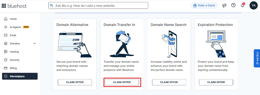 Select Claim Offer under the Domain Transfer In section.