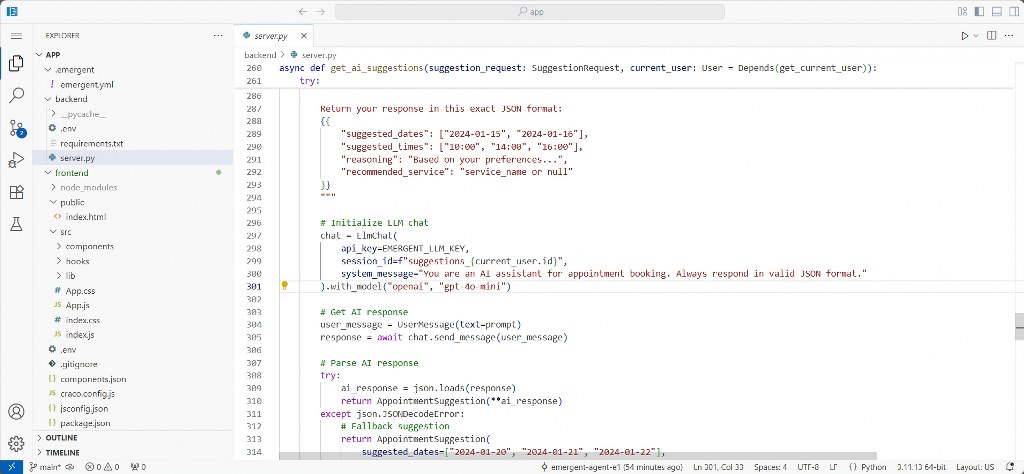 Source code editor showing the appointment booking backend implementation
