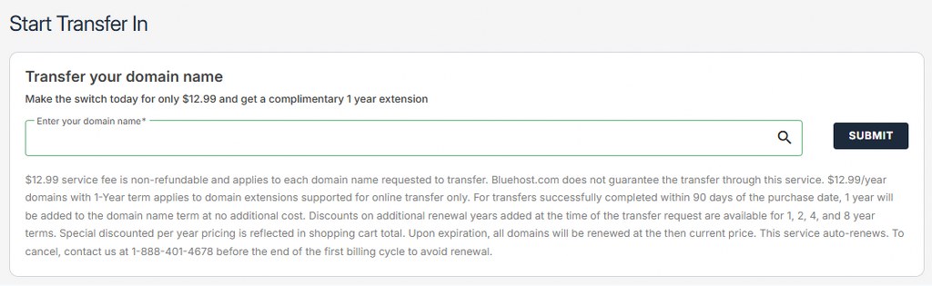 Type the domain you want to transfer and click Submit.