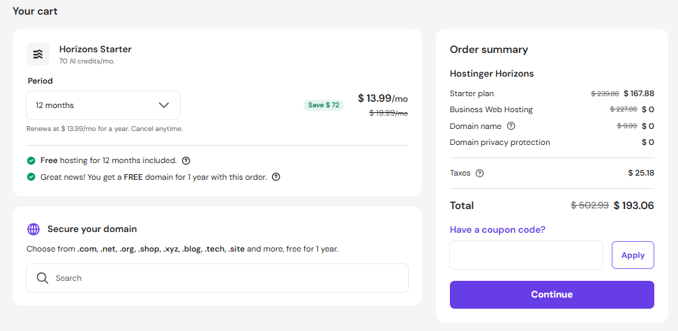 Hostinger AI App Builder coupon code payment summary