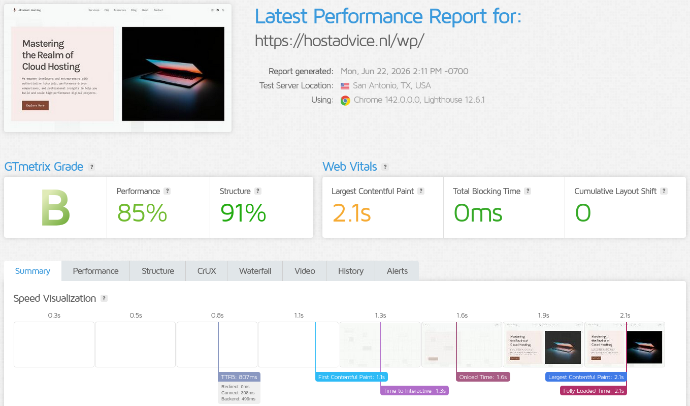 GTmetrix performance report for the AltusHost test WordPress site from San Antonio showing 85% Performance, 91% Structure, and Web Vitals