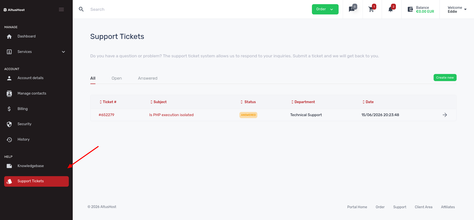screenshot of Support Tickets page