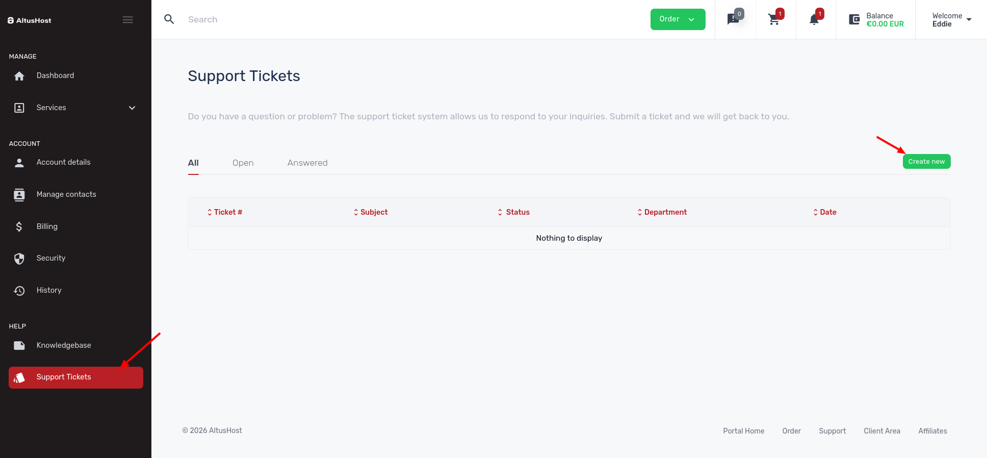 screenshot of Support tickets page 'Create New' button