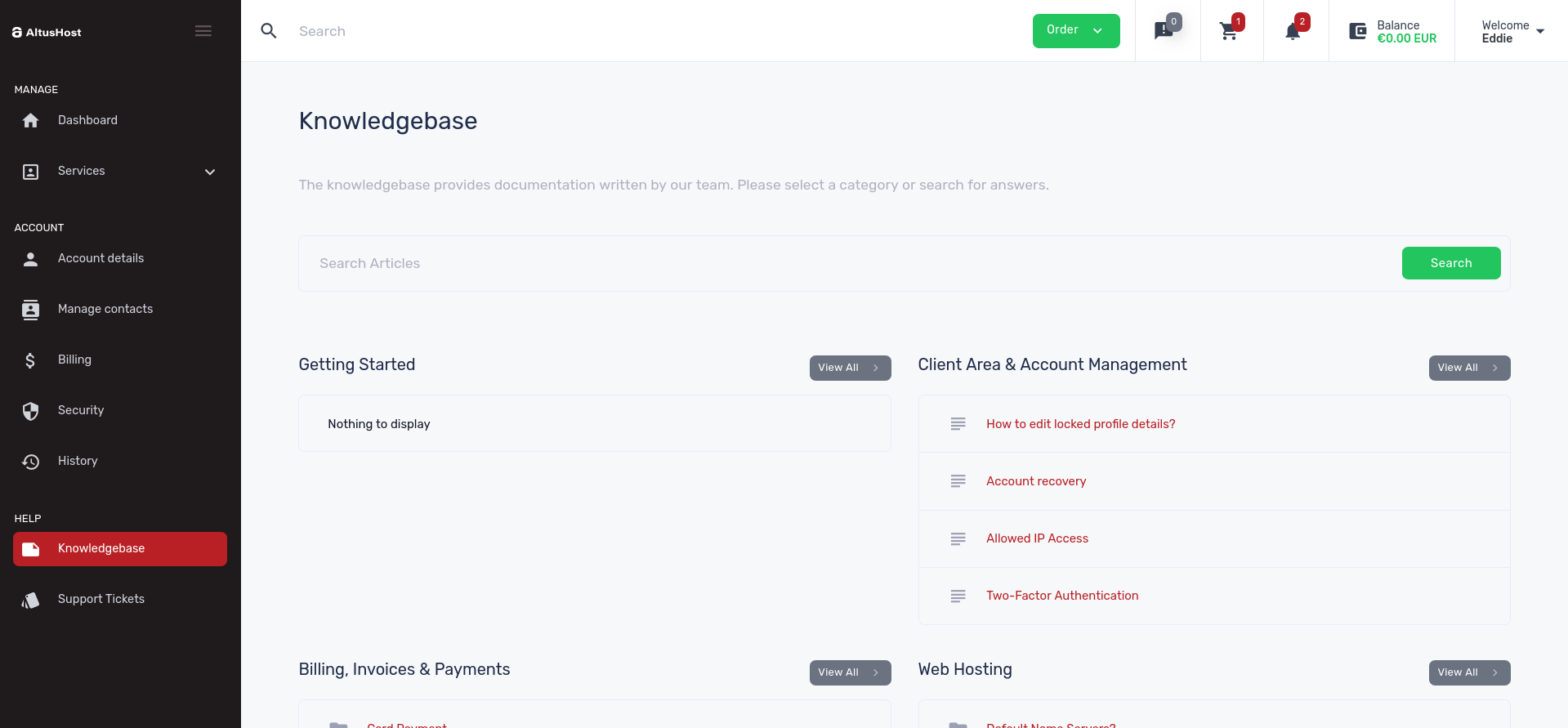 screenshot of Knowledgebase page