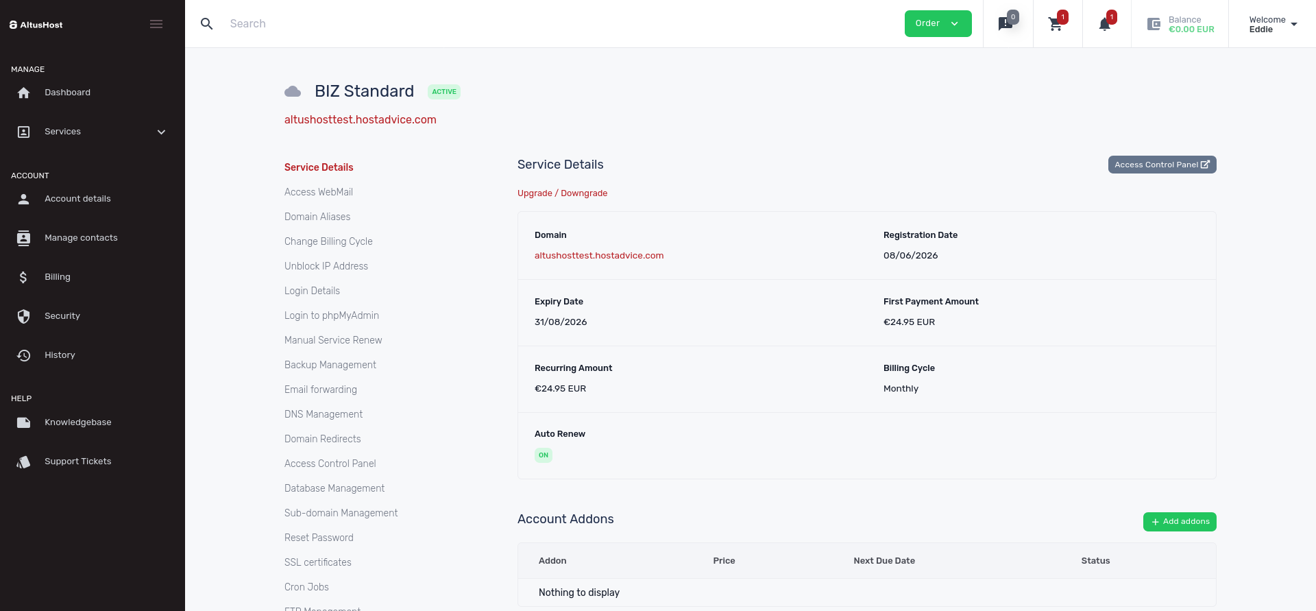 screenshot of BIZ Standard page