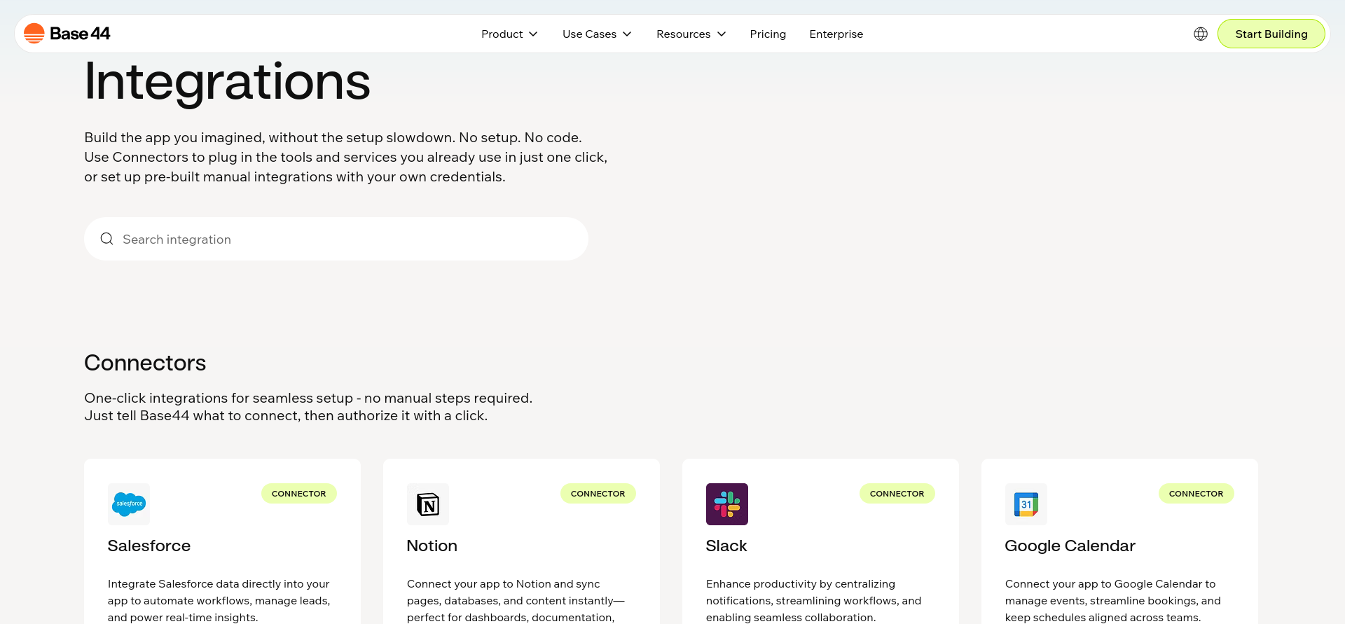 screenshot of Base44 Integrations menu