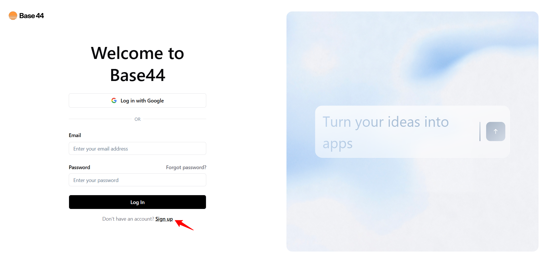 screenshot of Base44 Registration and Account Creation