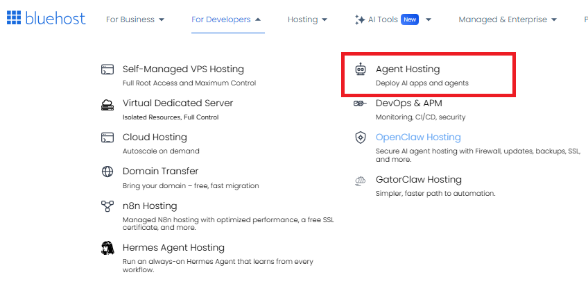 Bluehost For Developers menu showing Agent Hosting option