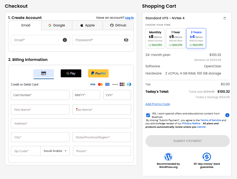 Bluehost Agent Hosting checkout page with promo code field