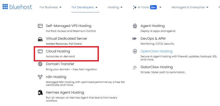 Bluehost For Developers menu showing Cloud Hosting option