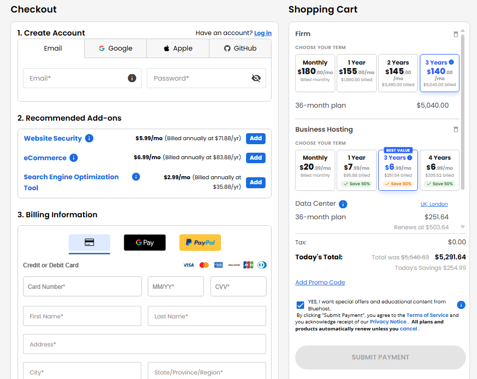 Bluehost Cloud Hosting checkout page with promo code and payment options