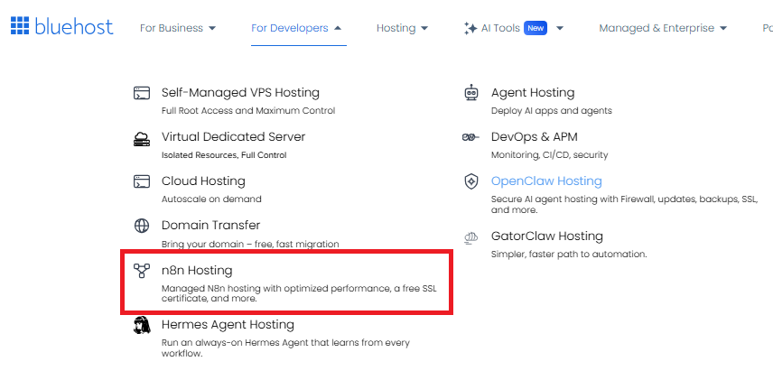 Bluehost For Developers menu showing n8n Hosting option