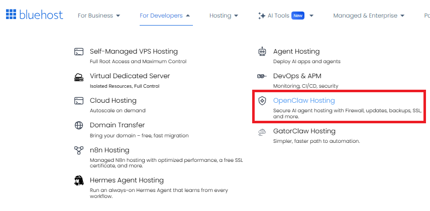 Bluehost For Developers menu showing OpenClaw Hosting option