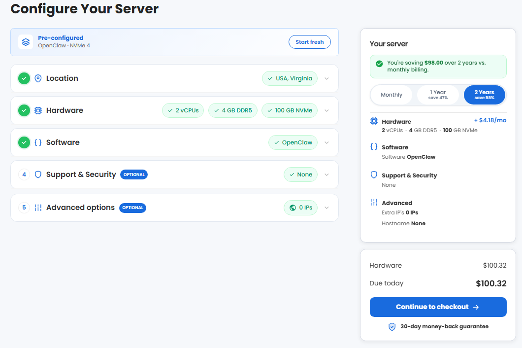 Bluehost OpenClaw server configuration page before checkout