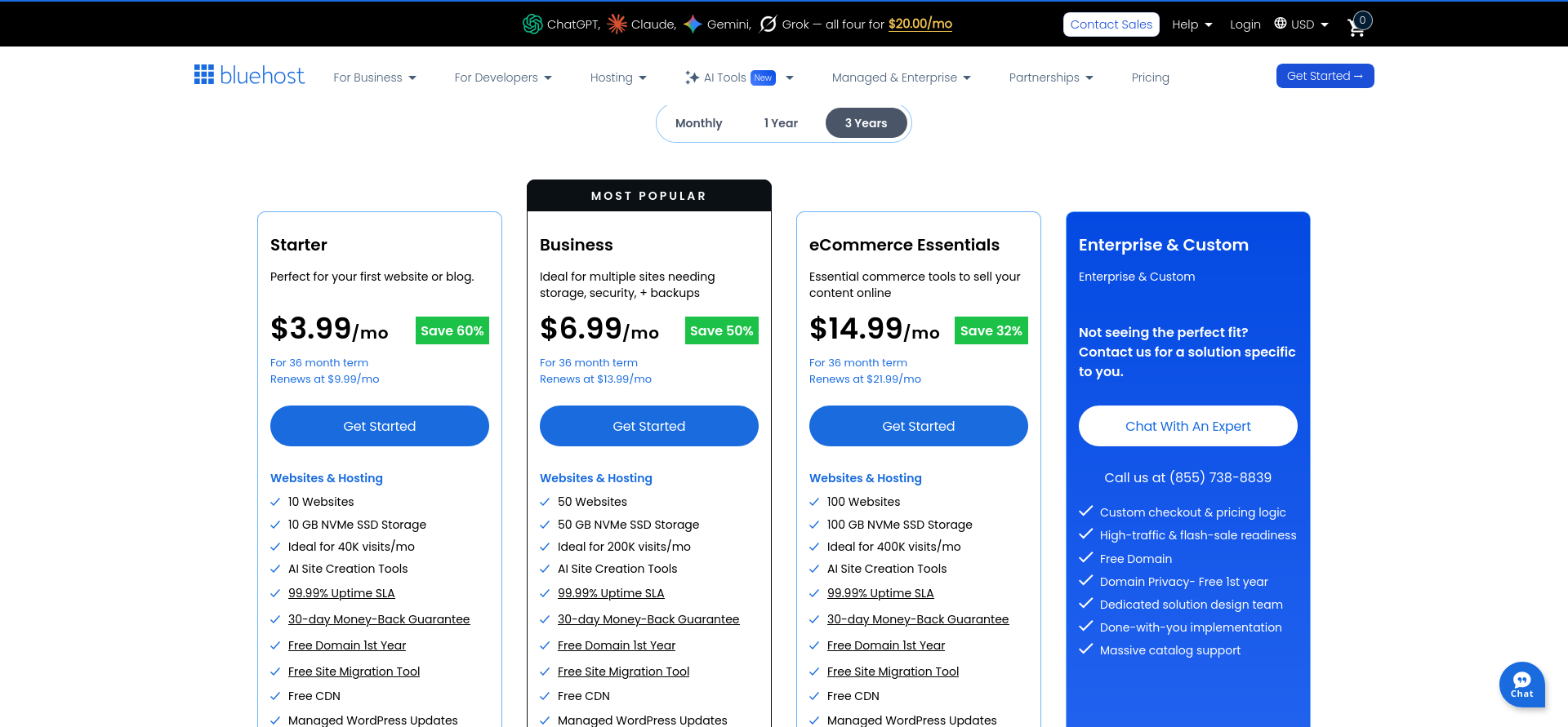 screenshot of Bluehost Hosting plans